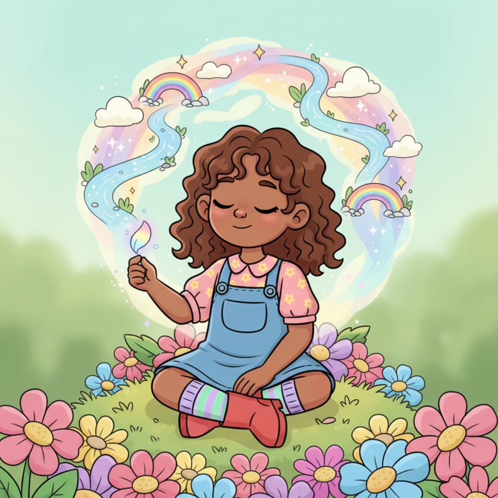 Clutching the magical petal, Lily sat down amidst the flowers, her mind buzzing with Rosalind's words. She closed her eyes, picturing the sparkling rivers and rainbow skies, letting her imagination soar. She imagined herself stepping into that vibrant, enchanted realm.