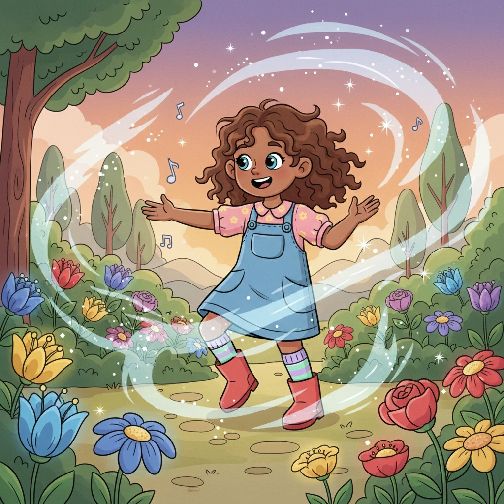 As Lily's imagination took hold, a soft, ethereal mist began to swirl around her. The garden flowers around her seemed to glow with new intensity, their colors deepening and shifting. A gentle chime echoed through the air, and the scent of unknown blossoms filled the breeze.