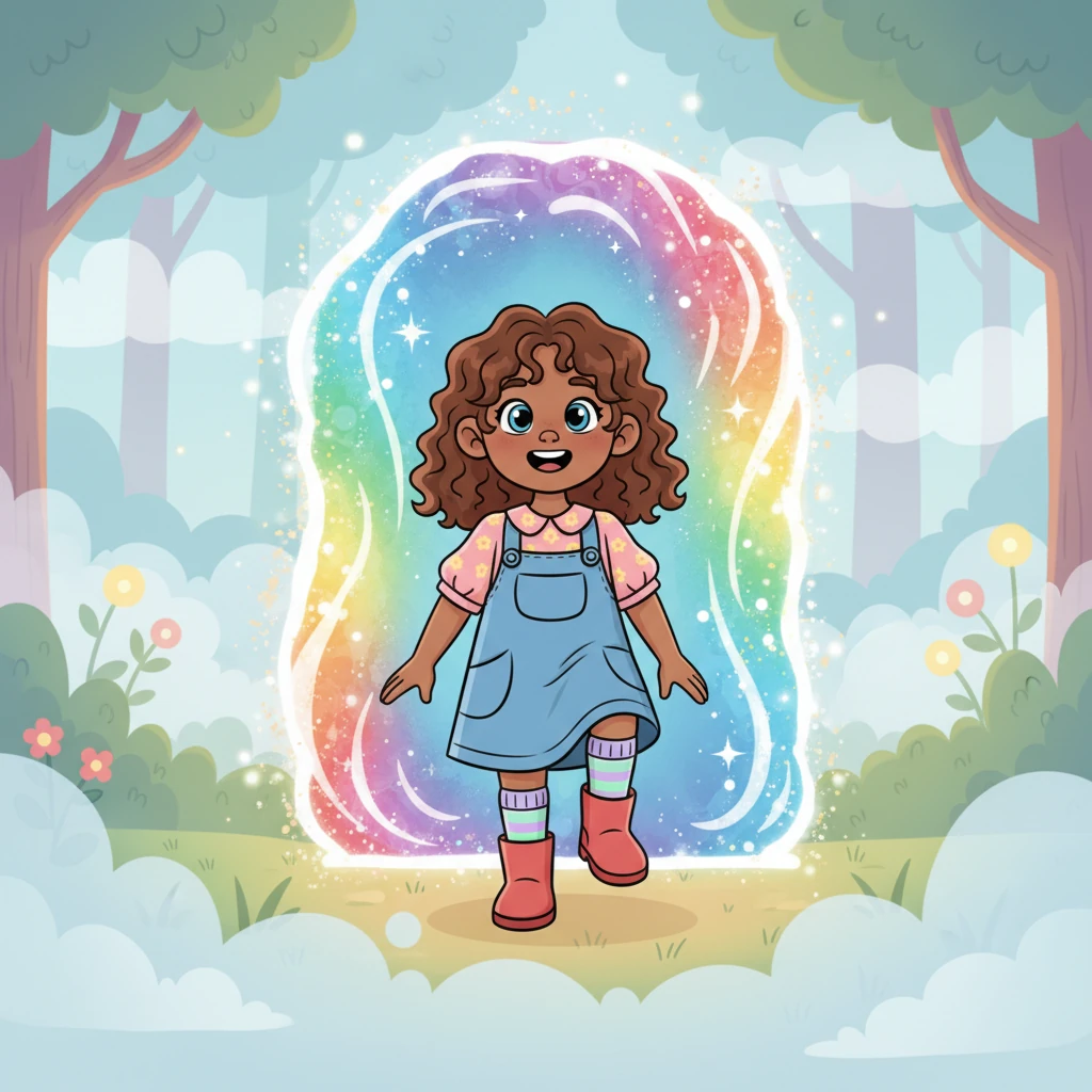 Before her, where the mist was thickest, a shimmering, swirling archway of light appeared, sparkling with every color imaginable. Lily, her eyes wide with joyful anticipation, took a brave step forward, ready to discover the forgotten magical world that awaited her.