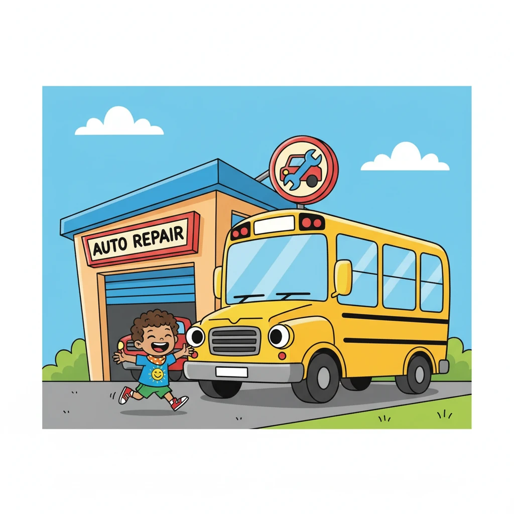 The bus is at the shop. The shop is big. Timmy sees the bus.