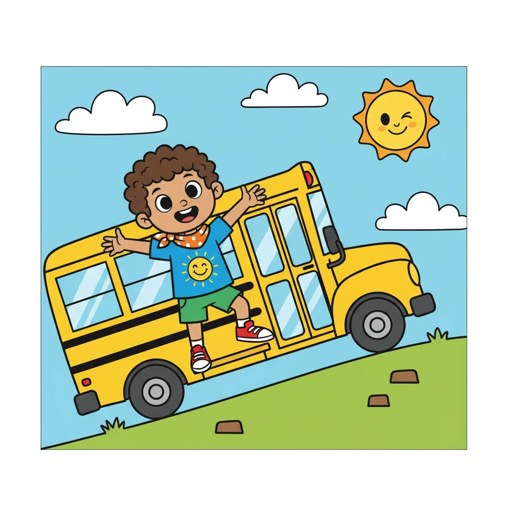 Timmy gets on the bus. The bus goes up. Timmy is happy.