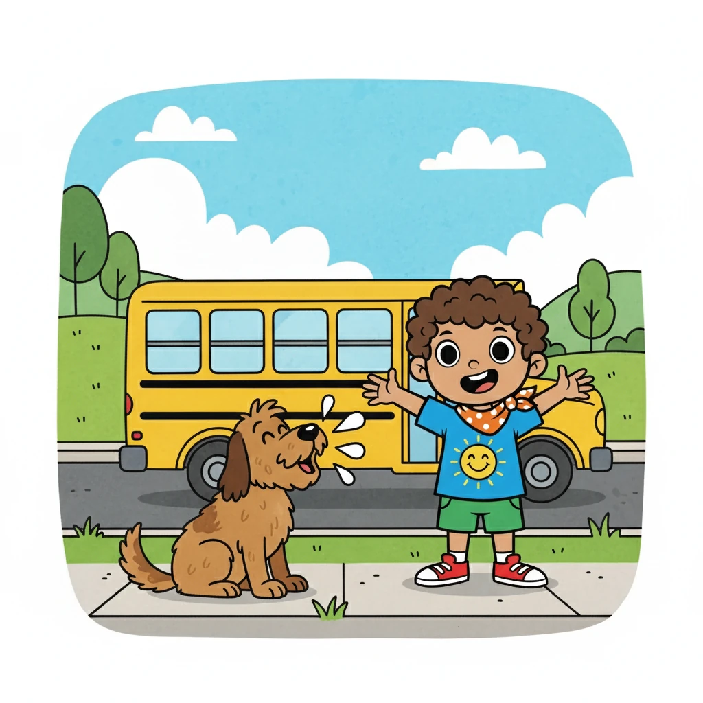 The bus goes past a dog. The dog is big and brown. The dog barks.