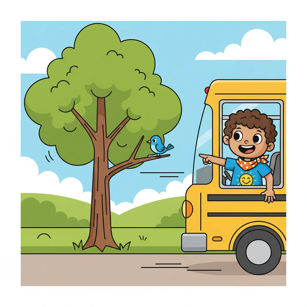 The bus goes past a tree. The tree is tall. Timmy sees a bird.