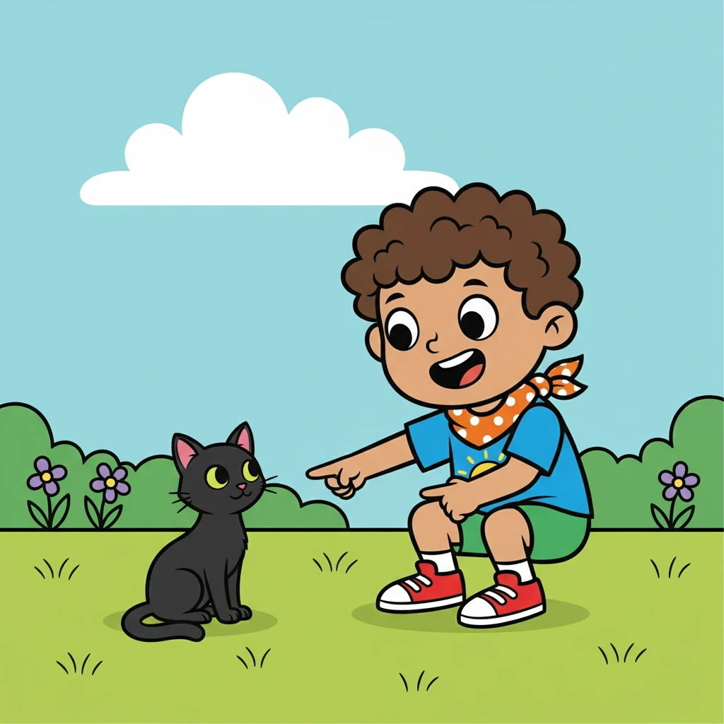 Timmy sees a cat. The cat is black. The cat sits.