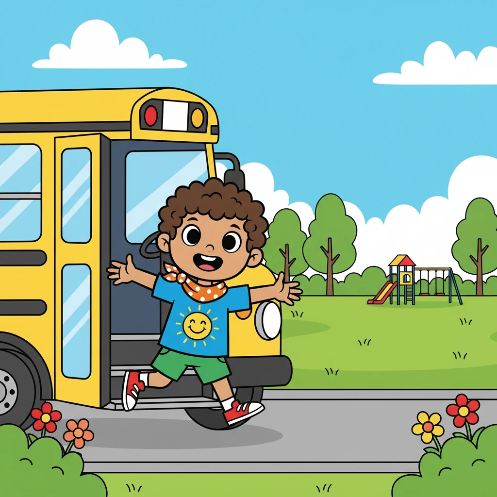 The bus goes to the park. The park is fun! Timmy gets out of the bus.
