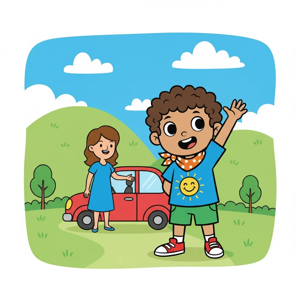 Timmy sees his mom. Mom says, "Time to go!" Timmy waves goodbye.