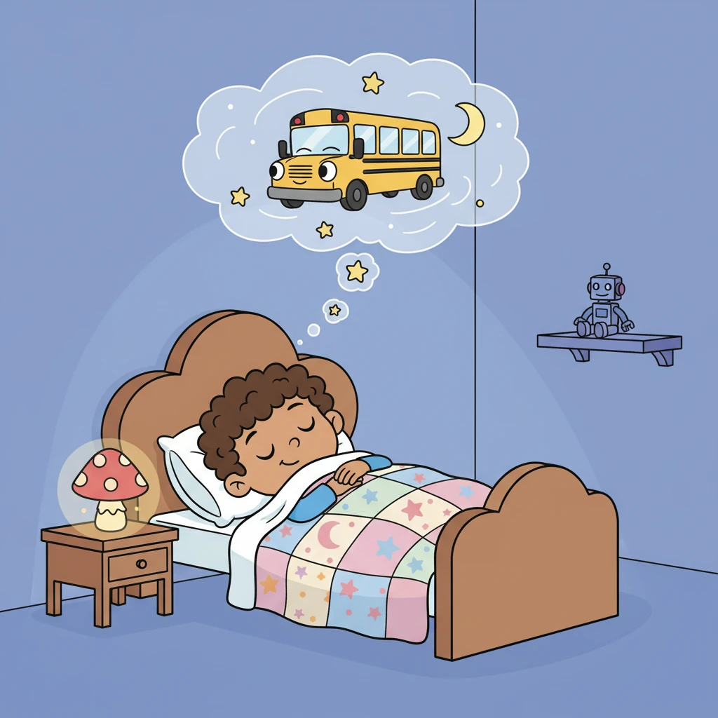 Timmy is in his bed. He dreams of the bus. Timmy is sleeping.