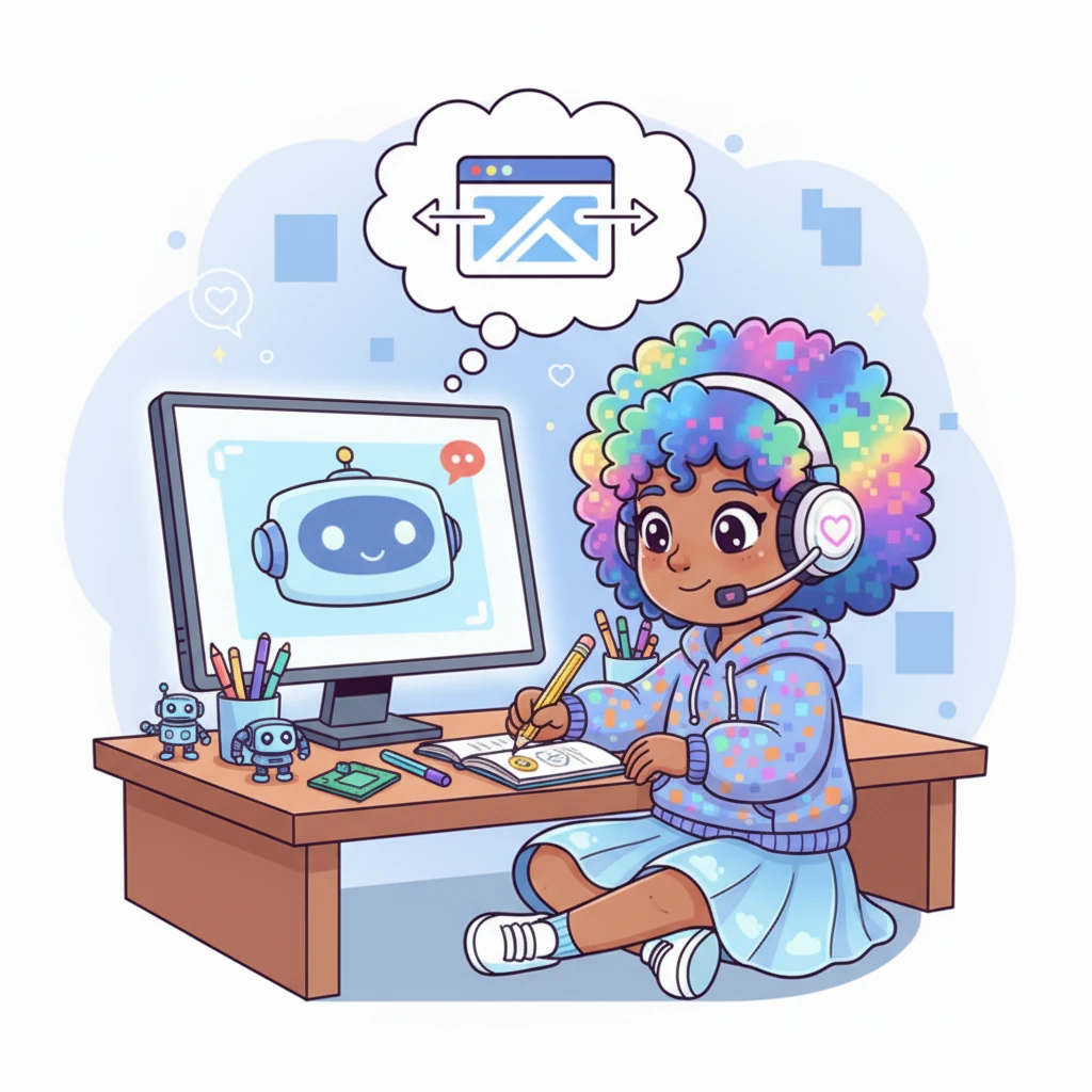 Pixelia, a bright-eyed digital designer, sat surrounded by glowing screens and sketchbooks, a thought bubble appearing above her head. The idea of a super-responsive, animated landing page for a new chatbot platform sparked brilliantly in her mind. Her workspace was a cozy blend of tech and creativity, hinting at big plans.