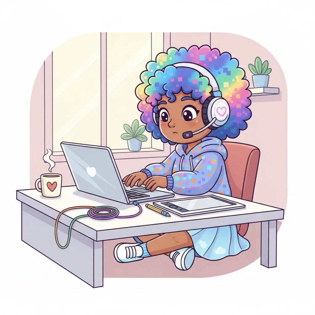 Gathering her essential tools, Pixelia set up her powerful laptop, a sleek tablet, and a steaming cup of herbal tea. Her fingers hovered over the keyboard, ready to transform her paper sketches into digital reality. The air buzzed with anticipation as she prepared to dive into the world of code and design.