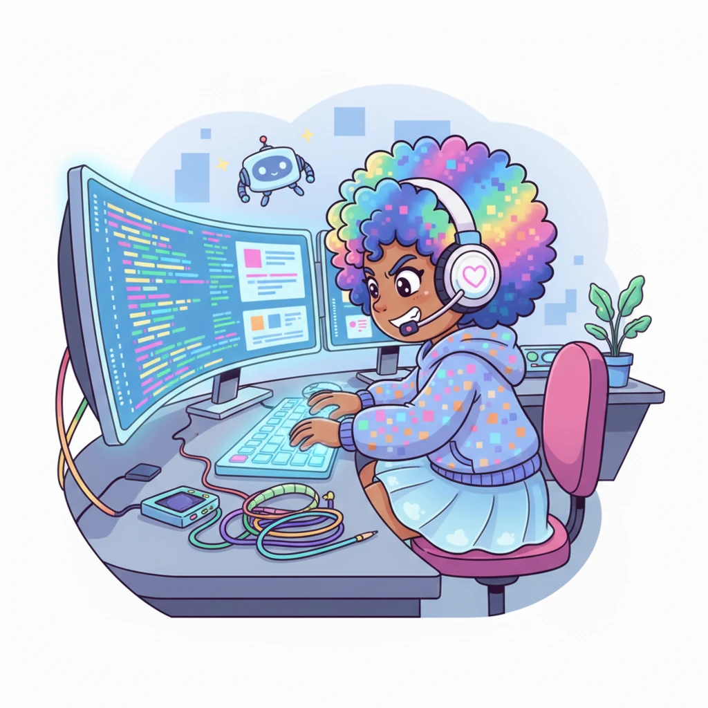 Lines of vibrant code scrolled across Pixelia's multiple monitors as she meticulously built the landing page. Her expression was one of intense focus, occasionally punctuated by a triumphant grin as a complex piece of functionality came to life. The digital blueprint was steadily evolving into a beautiful, functional website.