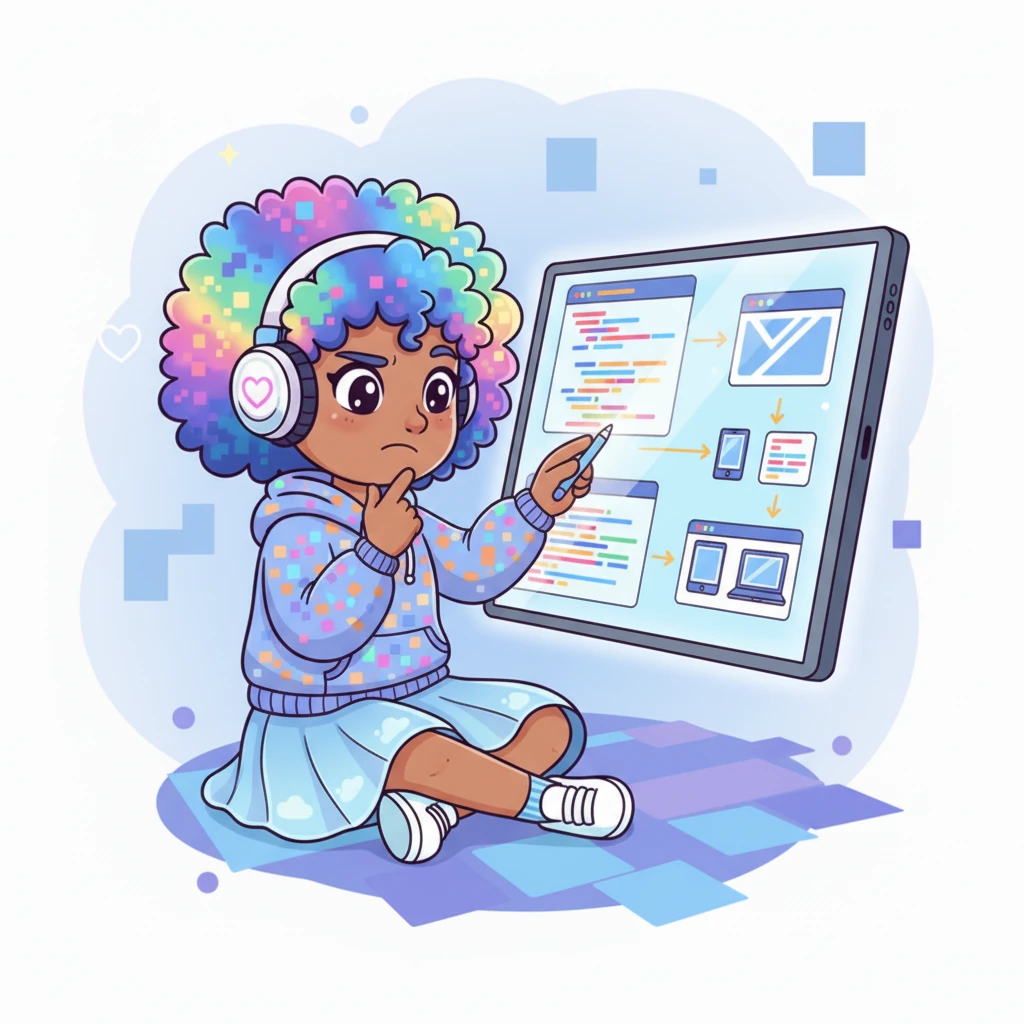 A challenging moment arose as Pixelia worked to make the page perfectly responsive across all devices, from tiny phones to large desktops. She paused, tapping her chin thoughtfully, visualizing how elements would adapt and flow. Her persistence was visible as she meticulously adjusted layouts and tested breakpoints.