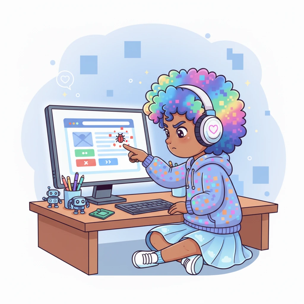 Testing her creation, Pixelia navigated through the new landing page, clicking every button and checking every link. Suddenly, a tiny bug appeared, causing a flicker on a minor element. With a keen eye and quick fingers, she swiftly identified and resolved the issue, ensuring perfection.
