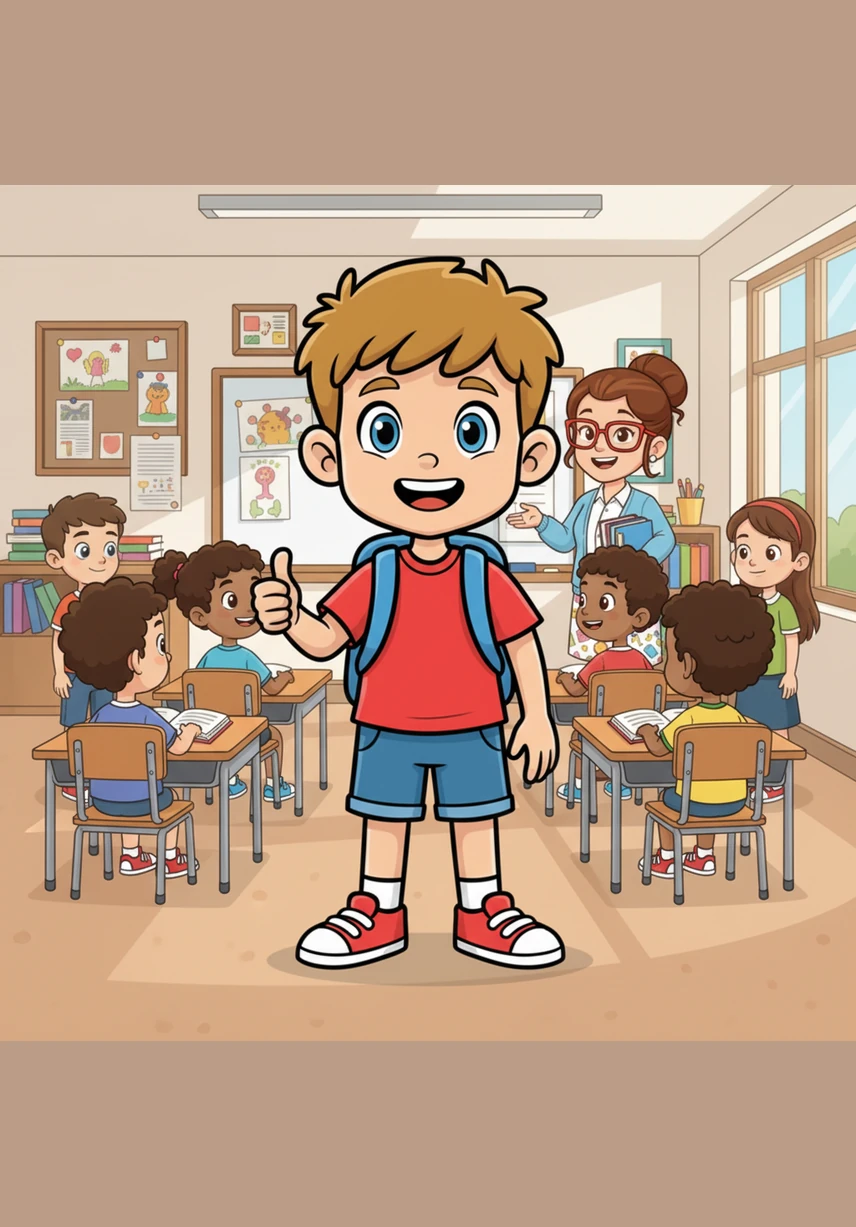 I am a student. A happy young boy named Leo stands in the center of a bright, colorful classroom wearing a blue backpack and a big, cheerful smile.