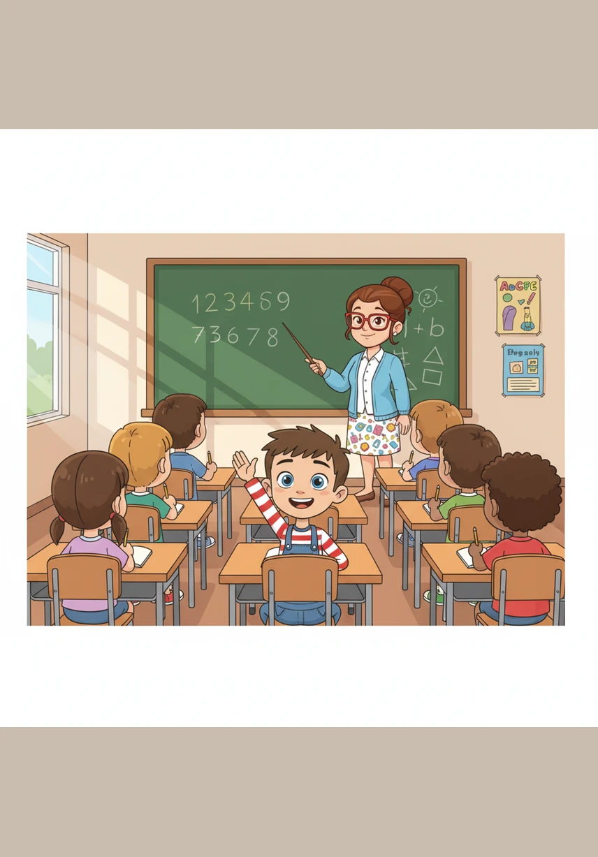 She is a teacher. A kind woman with glasses and a warm smile stands at the front of the class by a green chalkboard, holding a wooden pointer.