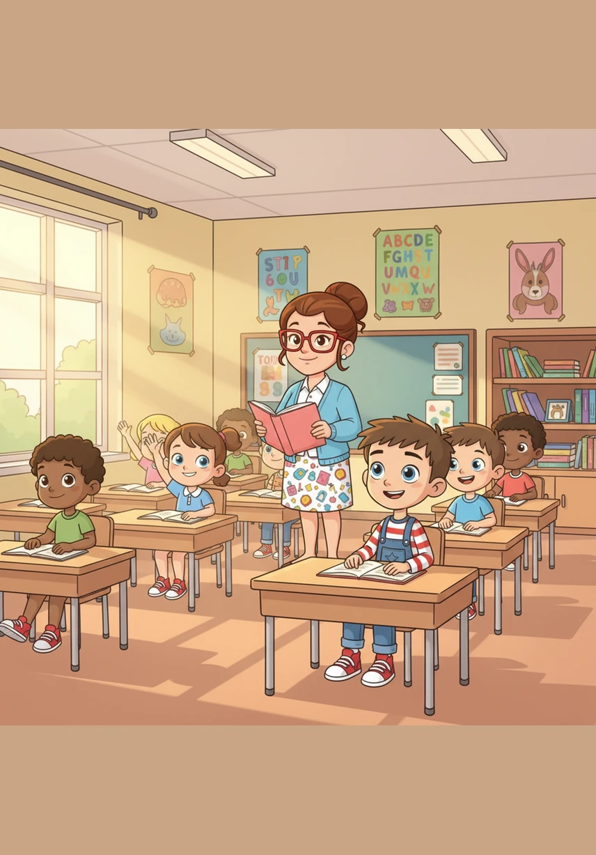 This is my classroom. The room is filled with warm sunshine, featuring neat wooden desks, colorful posters on the walls, and a shelf full of storybooks.