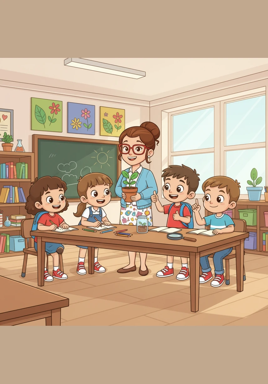 We are happy. Leo and his classmates sit together at a round table, laughing and looking at a large, colorful picture book together.