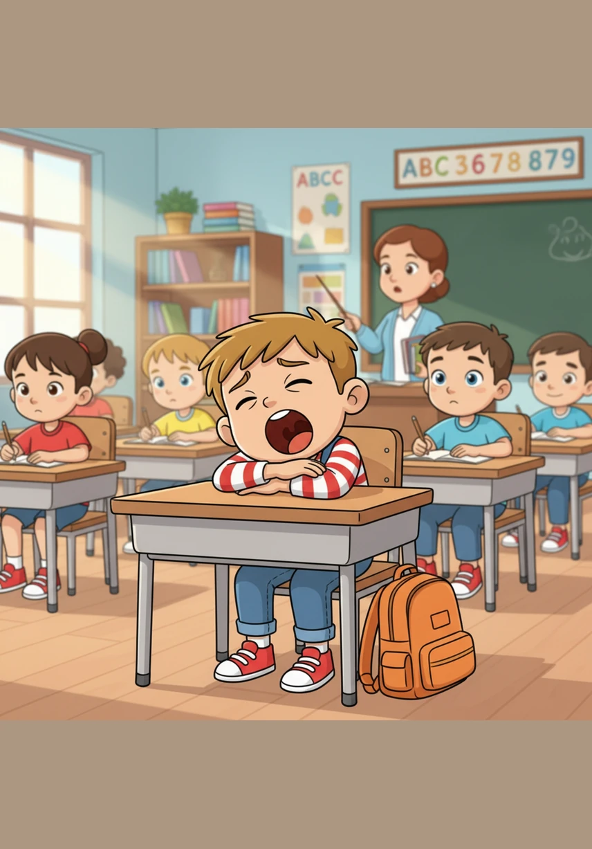 I am tired. Leo sits at his desk and lets out a big, wide yawn while resting his head on his arms for a quiet moment of rest.