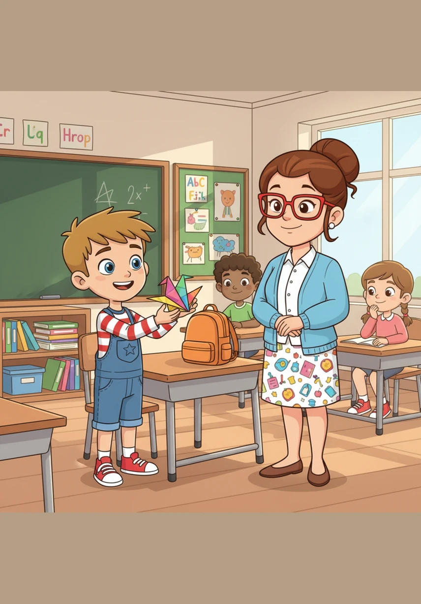 This is my desk. Leo points to his tidy wooden desk which has a bright yellow pencil, a pink eraser, and a clean notebook ready for writing.