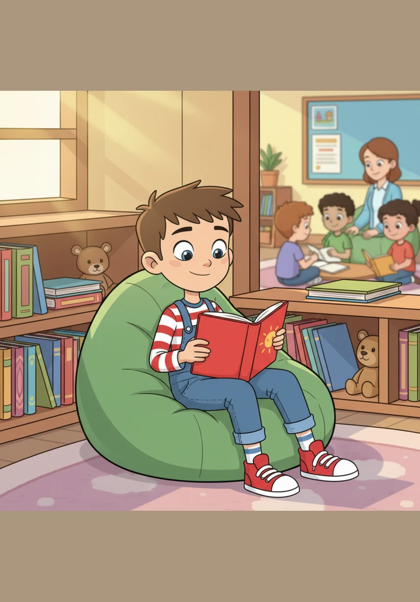 It is a red book. Leo sits on a cozy beanbag chair in the reading corner, holding a bright red book with a picture of a golden sun on the cover.