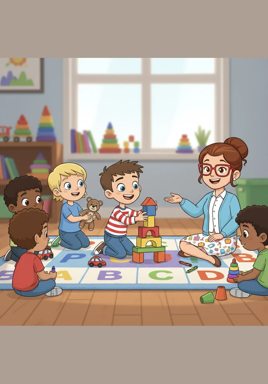 We play games. The children gather on a soft alphabet rug on the floor, building tall towers with colorful blocks and sharing toys together.