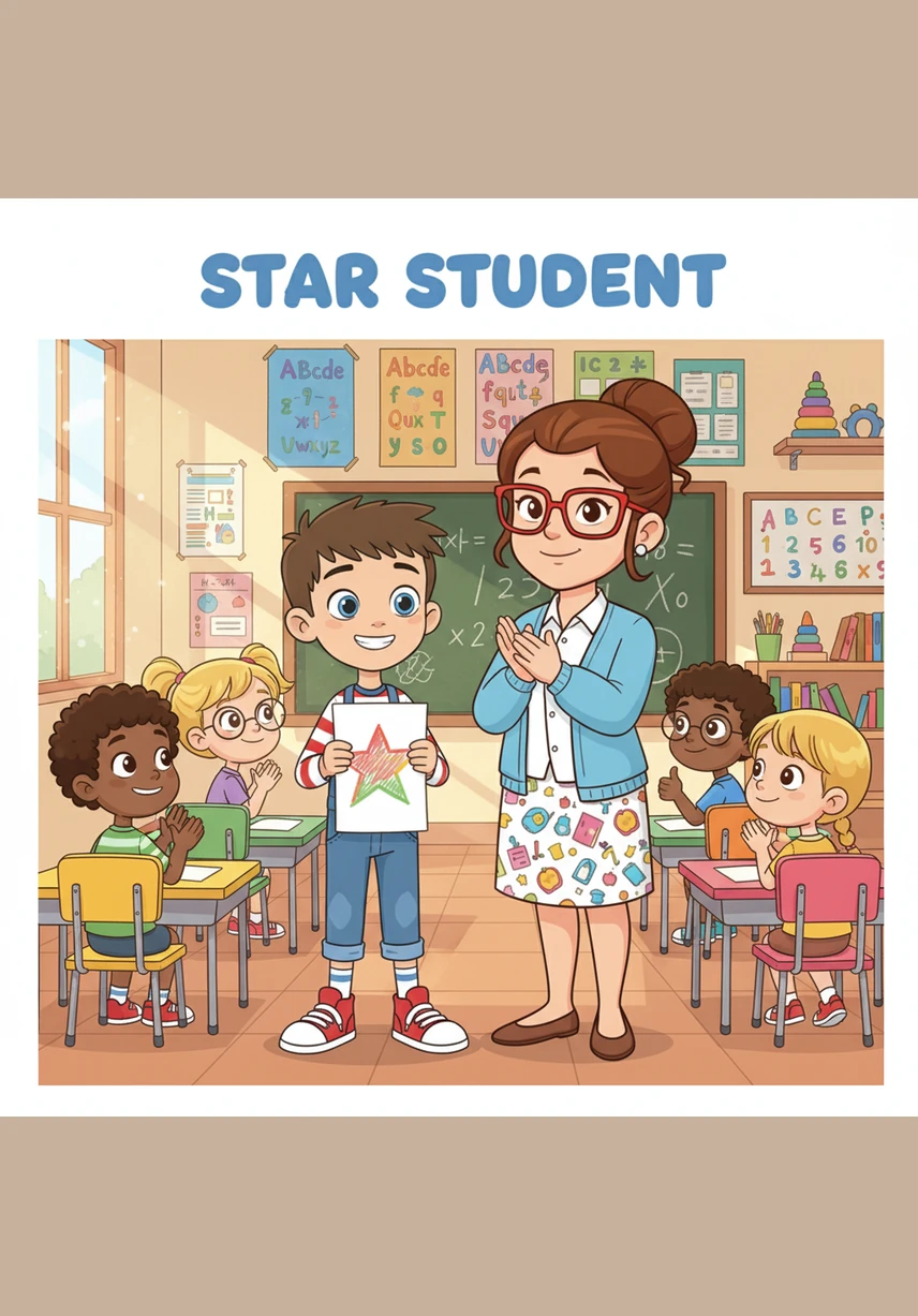 I love my school. Leo stands by the classroom window with his thumb up, looking out at the colorful playground and the green trees outside.