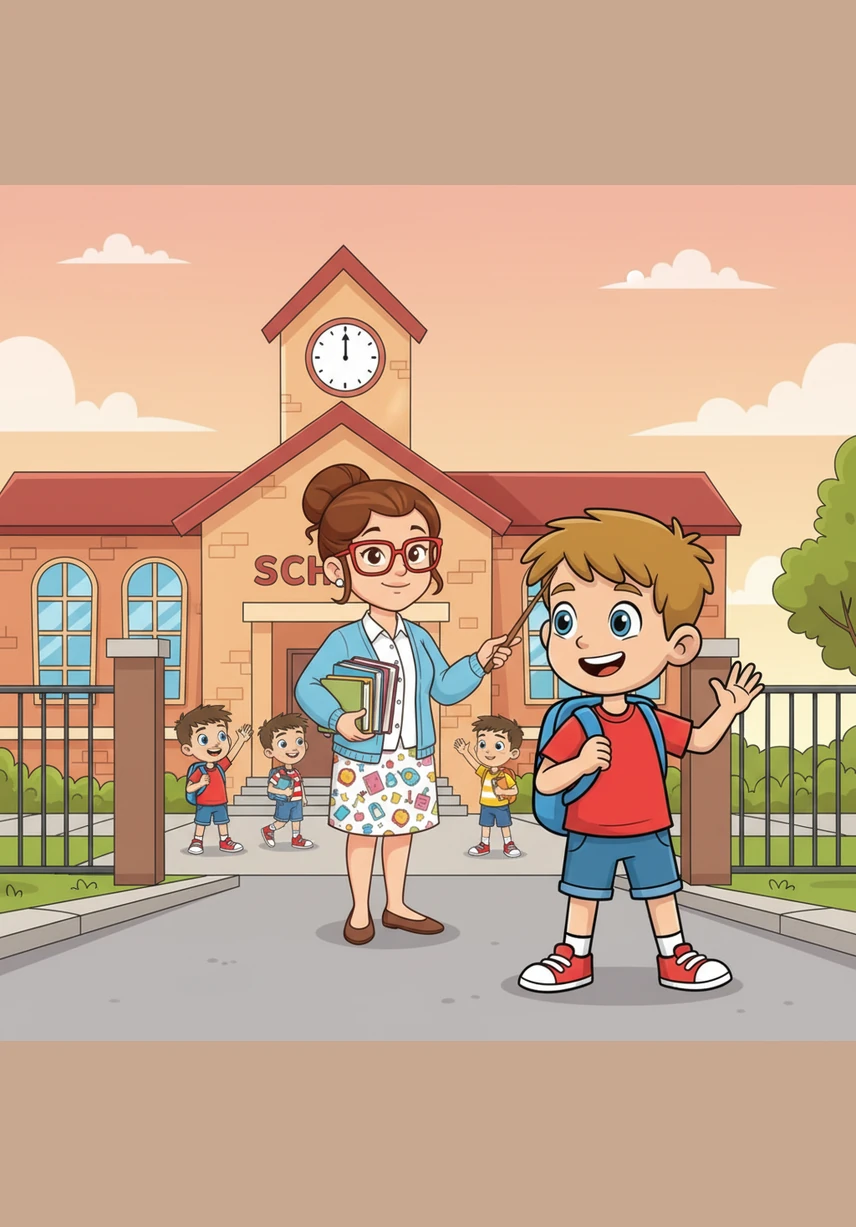 See you tomorrow! Leo waves his hand goodbye to his teacher and friends as he walks toward the classroom door with his backpack on at the end of the day.