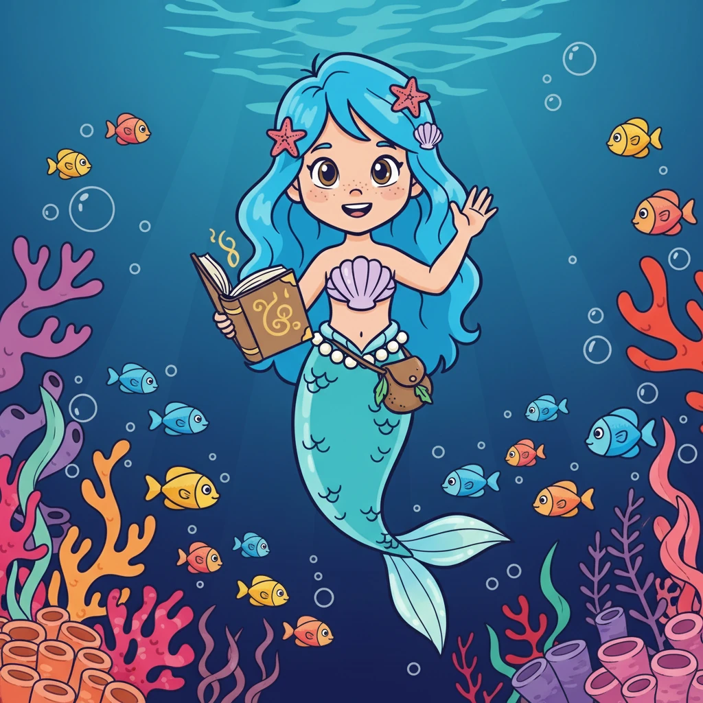 Maris, uma sereia de longos cabelos azuis, nadava pelas profundezas do oceano. Corais vibrantes e peixes coloridos dançavam ao seu redor, criando um espetáculo de cores e movimento. Diferente das outras sereias, Maris preferia explorar e estudar o mundo ao seu redor.