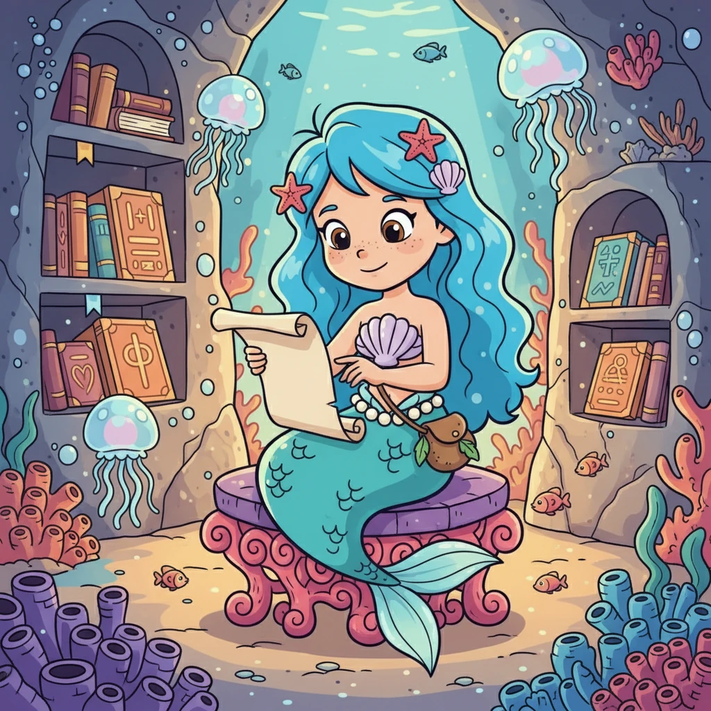 Na biblioteca subaquática, Maris passava horas lendo pergaminhos antigos. A luz suave das águas-vivas iluminava os livros mágicos, revelando segredos sobre as estrelas, as marés e os humanos que viviam na terra firme. Ela ansiava por saber mais.