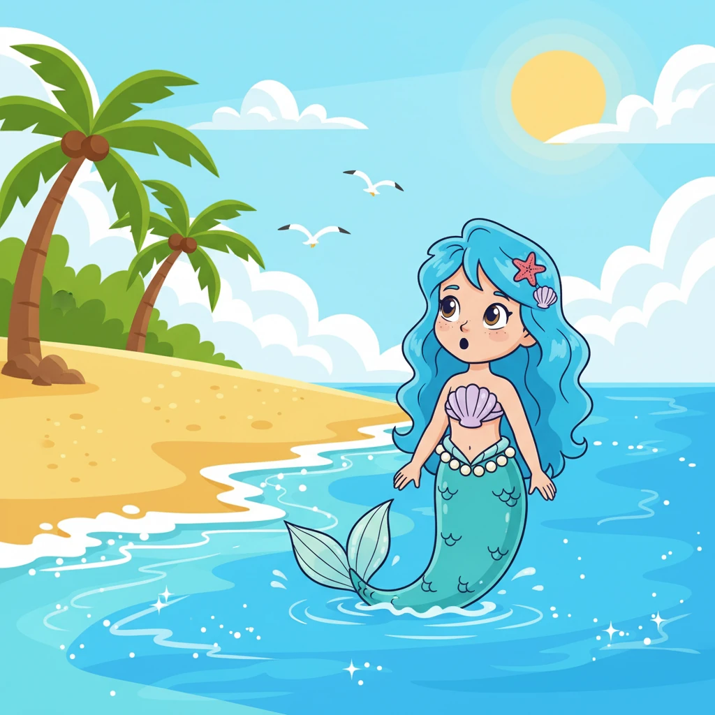 Movida pela curiosidade, Maris subiu à superfície e viu a praia pela primeira vez. O sol quente, o som das gaivotas e a areia dourada a encantaram. Ela sentiu uma forte atração pelo mundo dos humanos.