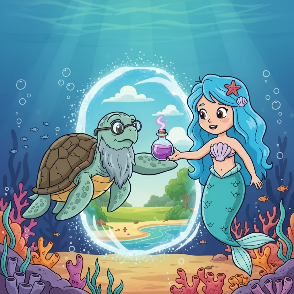 Com a ajuda de uma velha tartaruga sábia, Maris encontrou uma poção mágica. Essa poção lhe permitia trocar sua cauda por pernas sempre que quisesse visitar a terra, abrindo um portal para novos aprendizados.