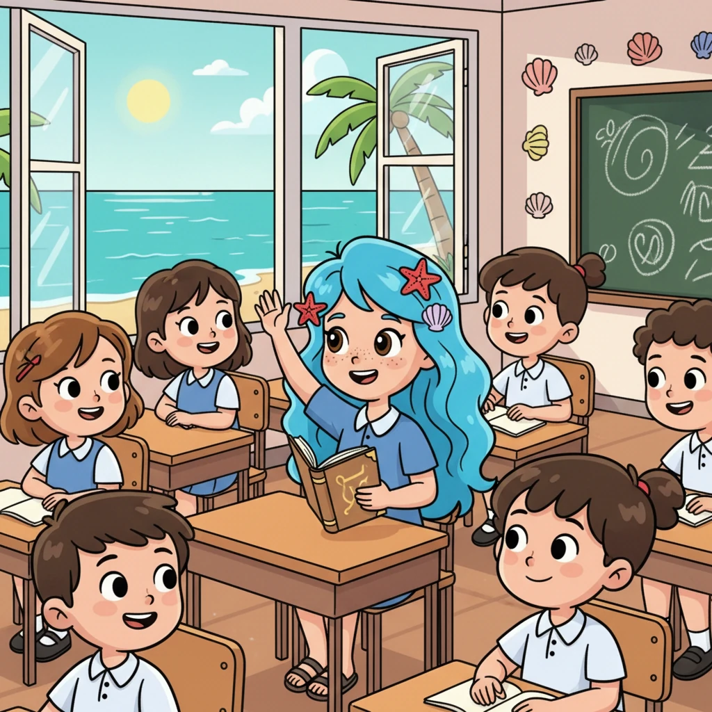 Na terra, Maris frequentava uma escola à beira-mar. Ela se destacava como uma aluna brilhante, sempre curiosa e pronta para aprender. Os outros alunos achavam seus cabelos azuis e olhos brilhantes fascinantes.