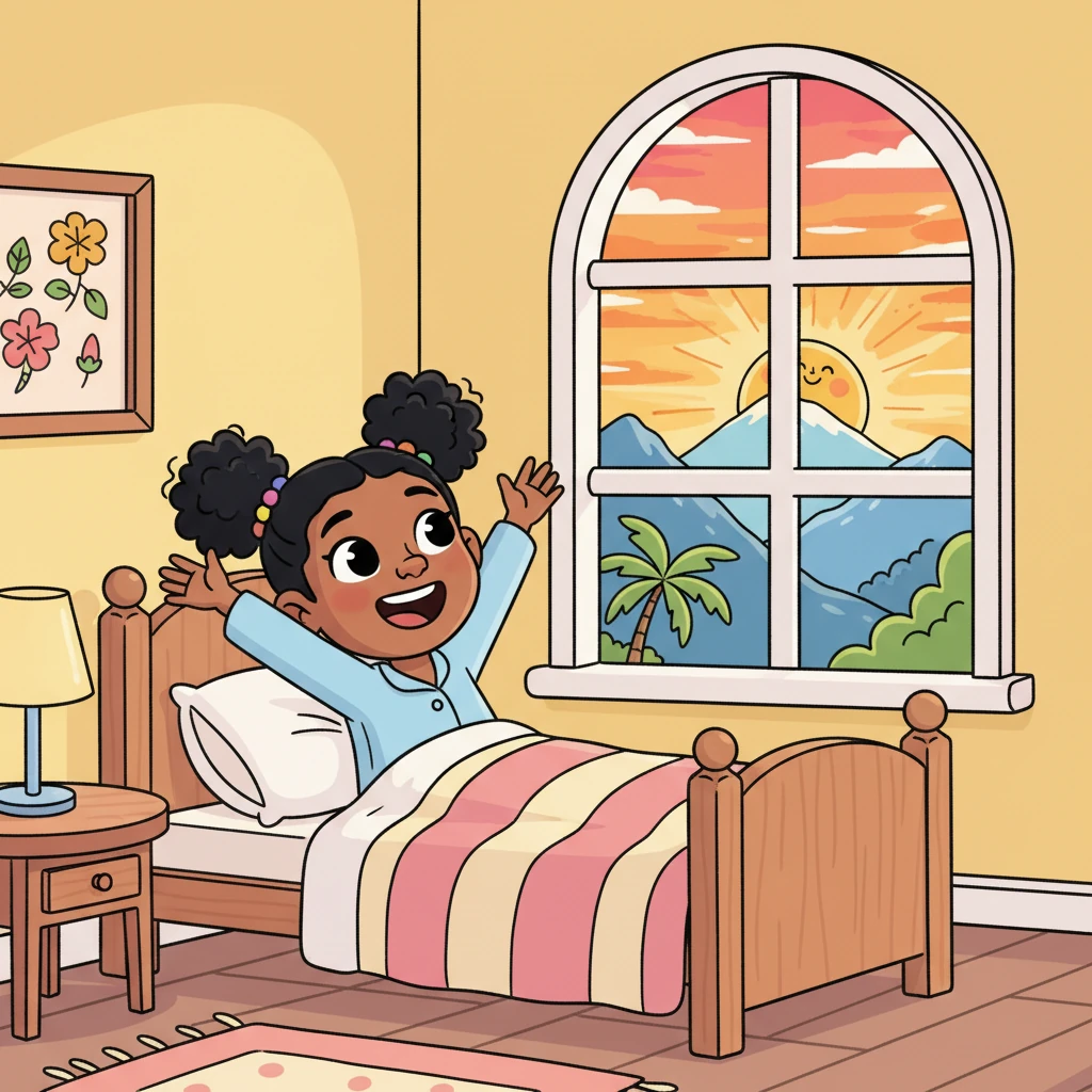 The sky bursts open with splashes of mango orange and hibiscus pink as the sun peeks over the distant blue mountains of Jamaica. Little Amara, with her bouncy pigtails, stretches wide in her cozy bed, a big smile already on her face. Her window frames a cartoonishly bright and cheerful sunrise, promising a wonderful new day.