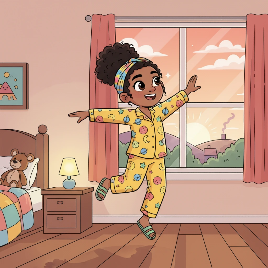 Amara leaps out of bed, her feet barely touching the ground as she twirls around her room. Her pajamas are covered in playful patterns, and her eyes sparkle with excitement for the day ahead. She glances out her window, eager to see the world waking up.