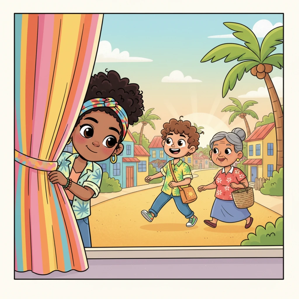 Peeking through her brightly colored curtains, Amara watches the early morning streets of Kingston begin to stir. Cartoon houses in cheerful blues and yellows line the road, and the first few friendly figures, with exaggerated strides, head off to their day's adventures. The air feels fresh and full of possibility.