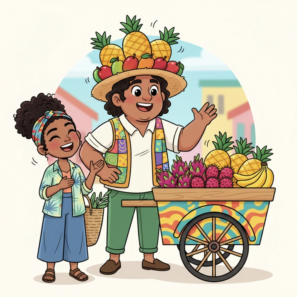 A friendly fruit vendor, with a hat piled high with enormous, juicy-looking pineapples and mangoes, waves a big hello to Amara. His cart is a kaleidoscope of colors, overflowing with cartoonishly perfect tropical treats. Amara giggles, imagining the delicious smells filling the street.