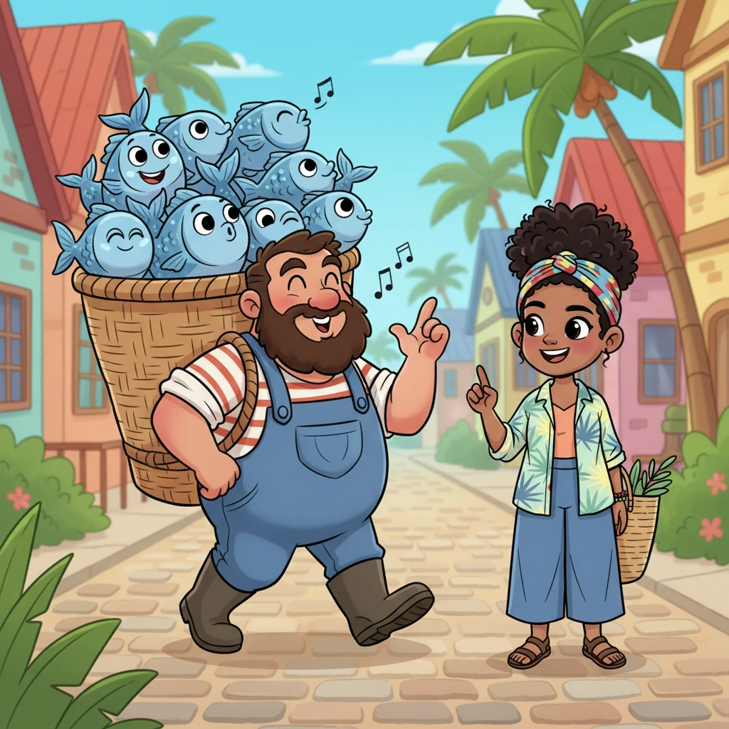 Down the lane, a jolly fisherman with an impossibly large basket of shimmering, smiling fish walks by, whistling a happy tune. The fish, with their wide, friendly eyes, seem to be winking at Amara. He gives a hearty nod, his steps light despite his heavy load.