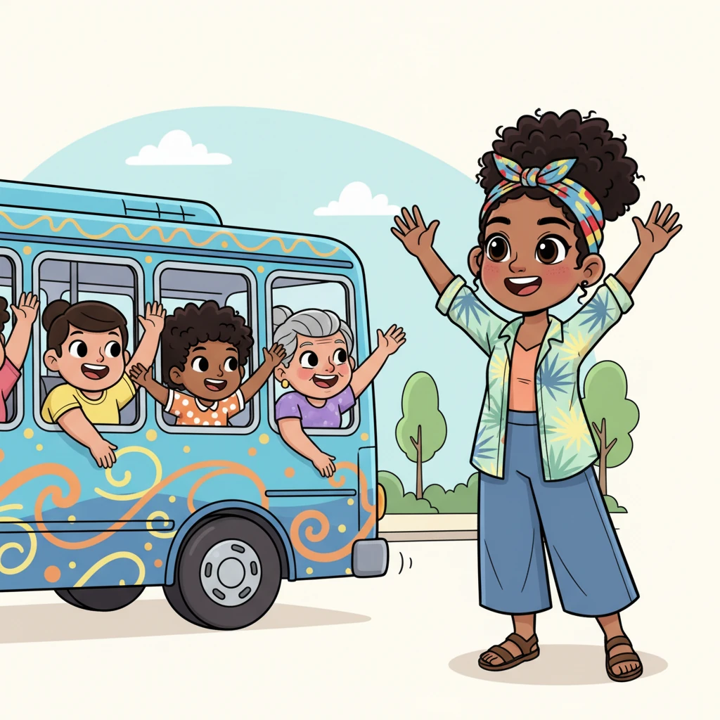 A brightly painted bus, adorned with playful patterns and filled with cheerful commuters, rumbles past with a friendly honk. Everyone inside waves enthusiastically, their faces beaming with cartoon joy. Amara waves back with both hands, her heart feeling full of connection.