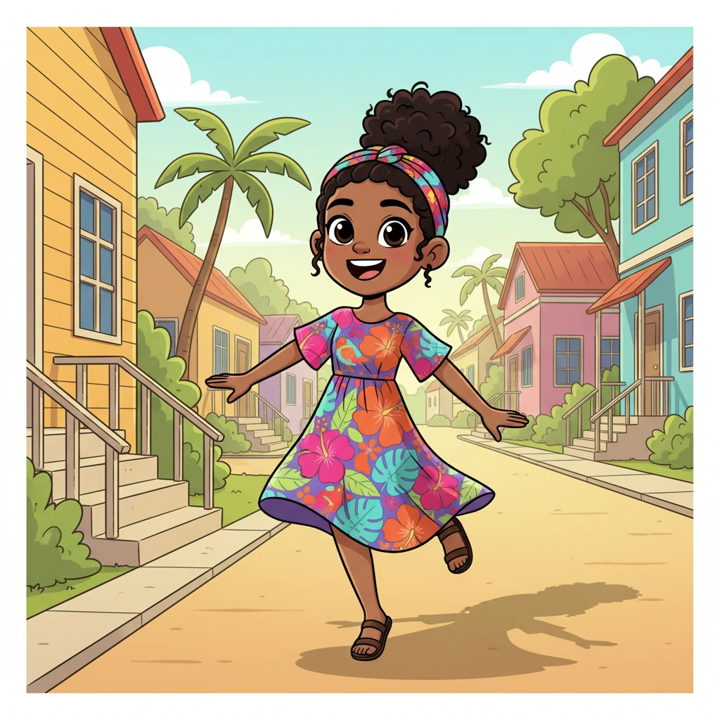 Amara skips out her front door, ready to join the lively morning bustle. She wears a dress as bright as a tropical flower, her energy infectious. Her shadow stretches playfully long behind her on the sunny pavement, inviting her to explore.