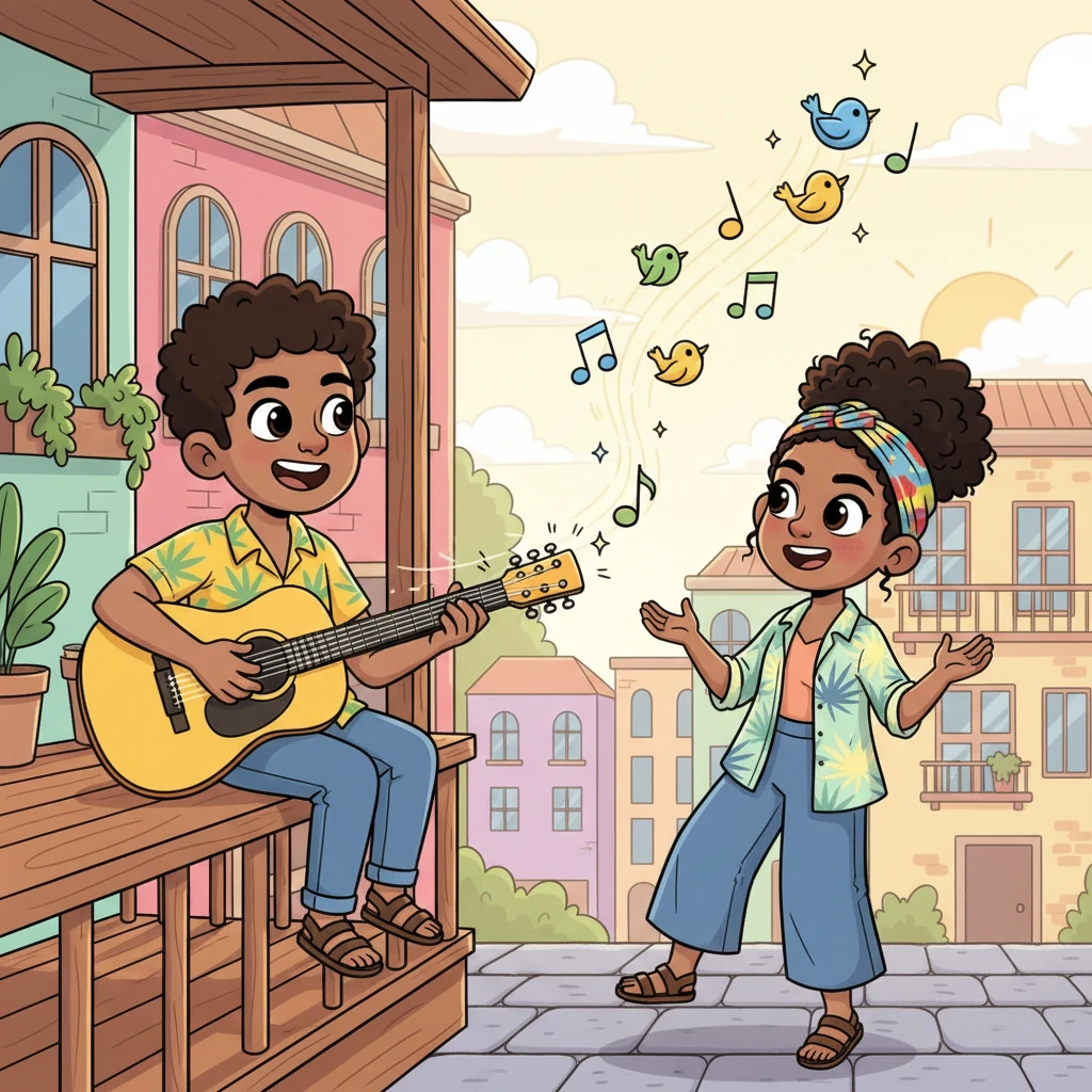 From a nearby porch, a musician with a wide, friendly grin strums a lively tune on his guitar, his fingers dancing. Musical notes, shaped like tiny birds, float cheerfully into the air, adding a joyful soundtrack to the waking city. Amara sways along to the catchy rhythm.