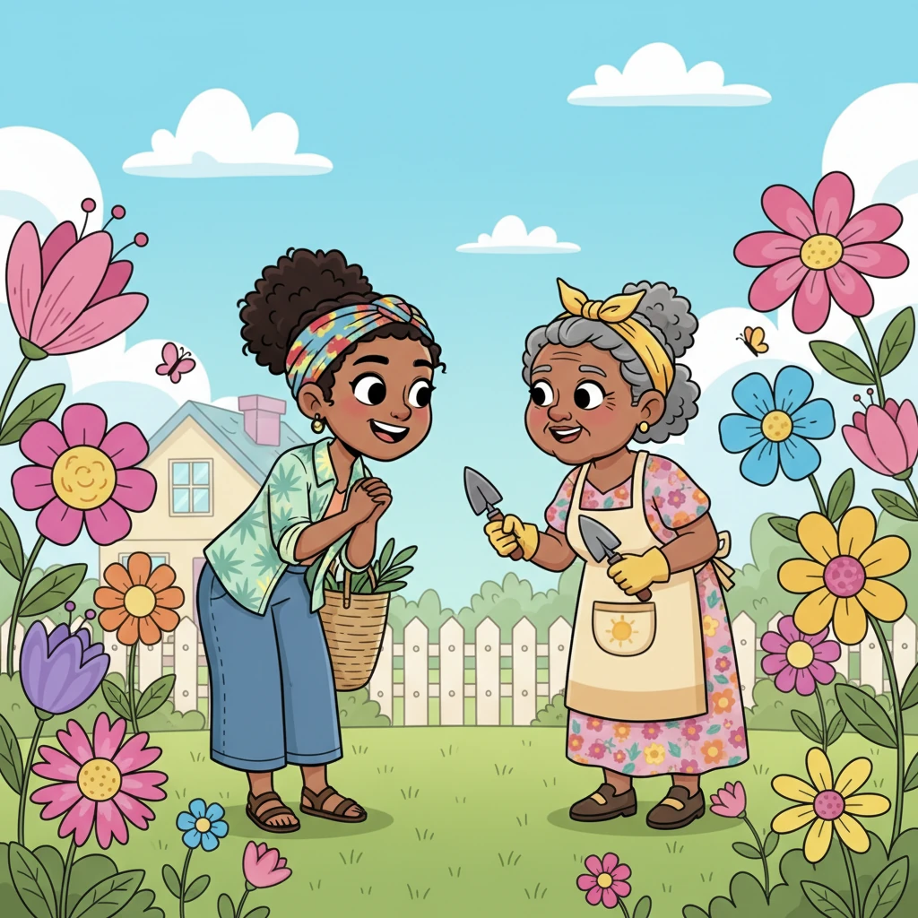 Amara spots her elderly neighbor, Miss Pearl, tending to her vibrant garden filled with exaggerated, blooming flowers. Miss Pearl smiles warmly, her face crinkling with kindness, as Amara stops to share a quick, happy chat. The community feels like one big, loving family.
