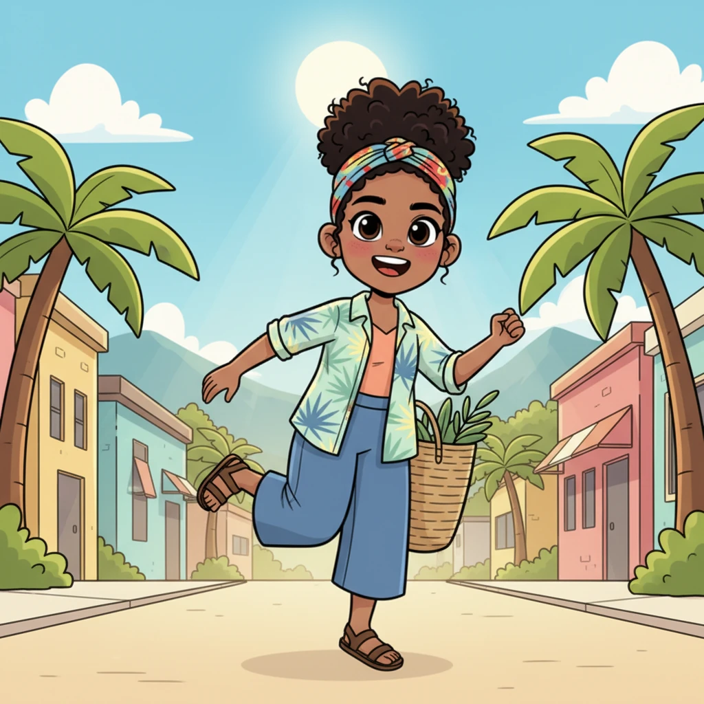 With a skip and a hop, Amara continues her journey, the sun now high and bright in the sky. She looks ahead with wide, curious eyes, ready for whatever wonderful adventures the rest of her vibrant Kingston day might bring. The whole city feels alive and full of happy promise.