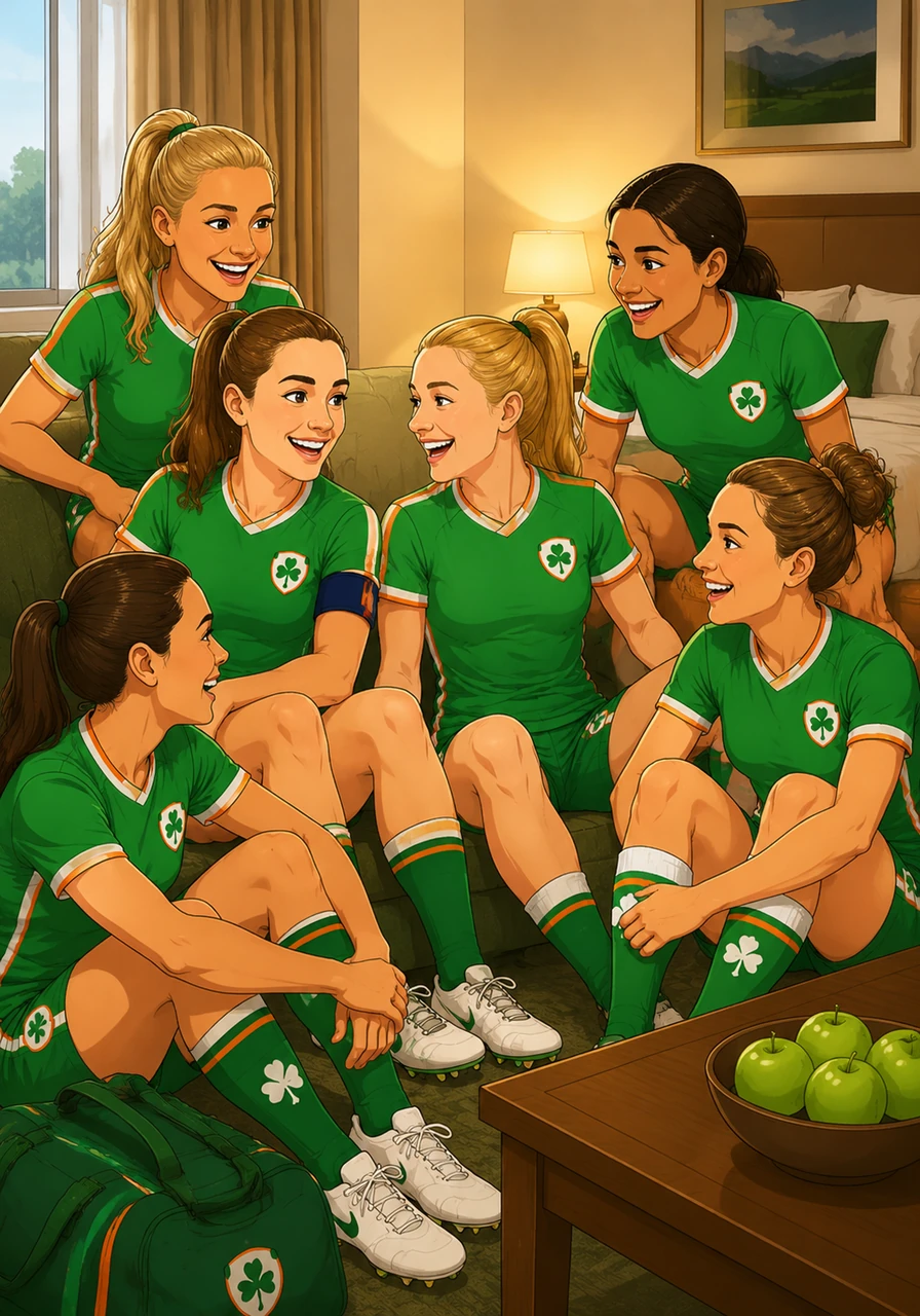 Katie and Caitlin sit together at the Ireland team hotel, laughing with their lifelong friends Denise, Sam, Alanna, and Mackenzie. The room is filled with the warmth of two teams becoming one big family before their big match.