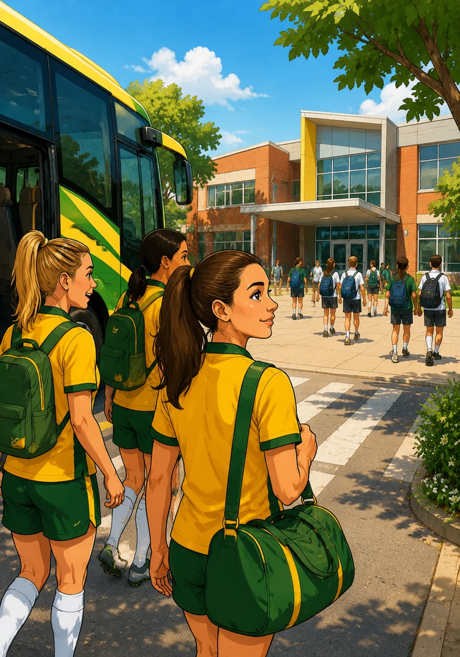 The next morning, a bright team bus pulls up to the school where Katie spent her childhood years over two decades ago. She notices how much the building has changed, now welcoming both boys and girls into the same classrooms.