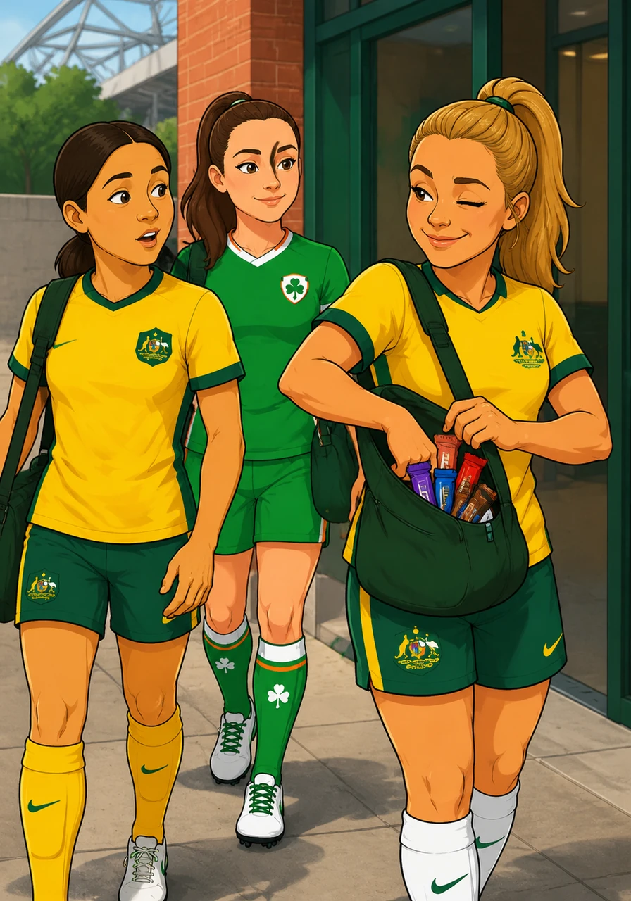 As they walk toward the entrance, Sam Kerr notices Katie subtly adjusting several packs of chocolate bars hidden in her gear. Katie gives a playful wink, keeping her secret stash ready for the surprise awaiting them inside.