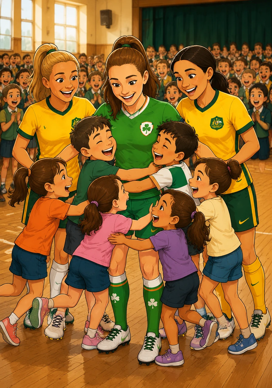 The group enters the crowded assembly hall, where the air is thick with excitement from the waiting students. Suddenly, six of Katie’s nieces and nephews burst from the crowd, shouting Auntie Katie as they rush to hug her.