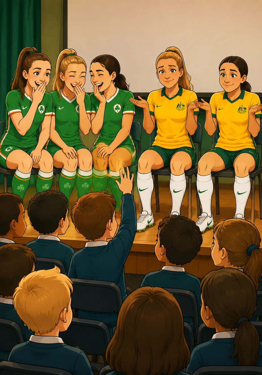 During the question-and-answer session, a curious student asks if the players ever play pranks on each other. While the Australian players try to look innocent, the Irish players can’t help but giggle at the mention of their secret rivalries.