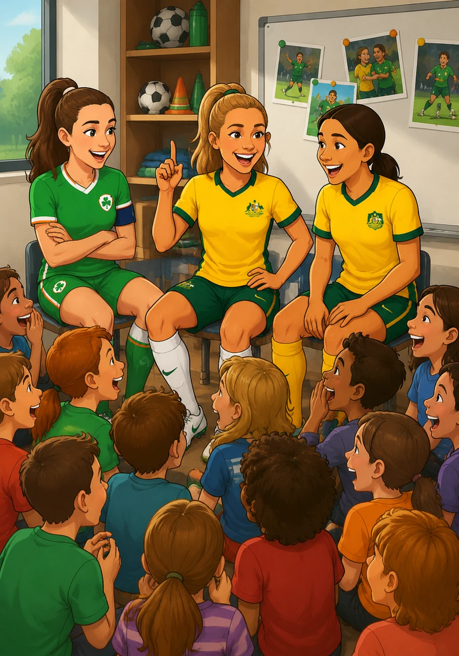 One of the Irish players reveals that they have been locked in a non-stop prank war for years, much to the delight of the students. The room erupts in laughter as the children realize that even world-class athletes love a good joke.