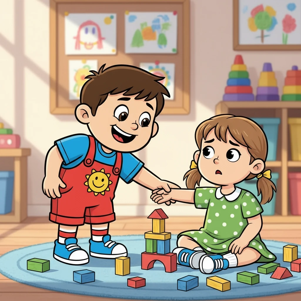 Eager to join the fun, Charles reached out to a girl building a tower of blocks. He gently touched her arm, hoping to play. The girl looked surprised and a little cross.