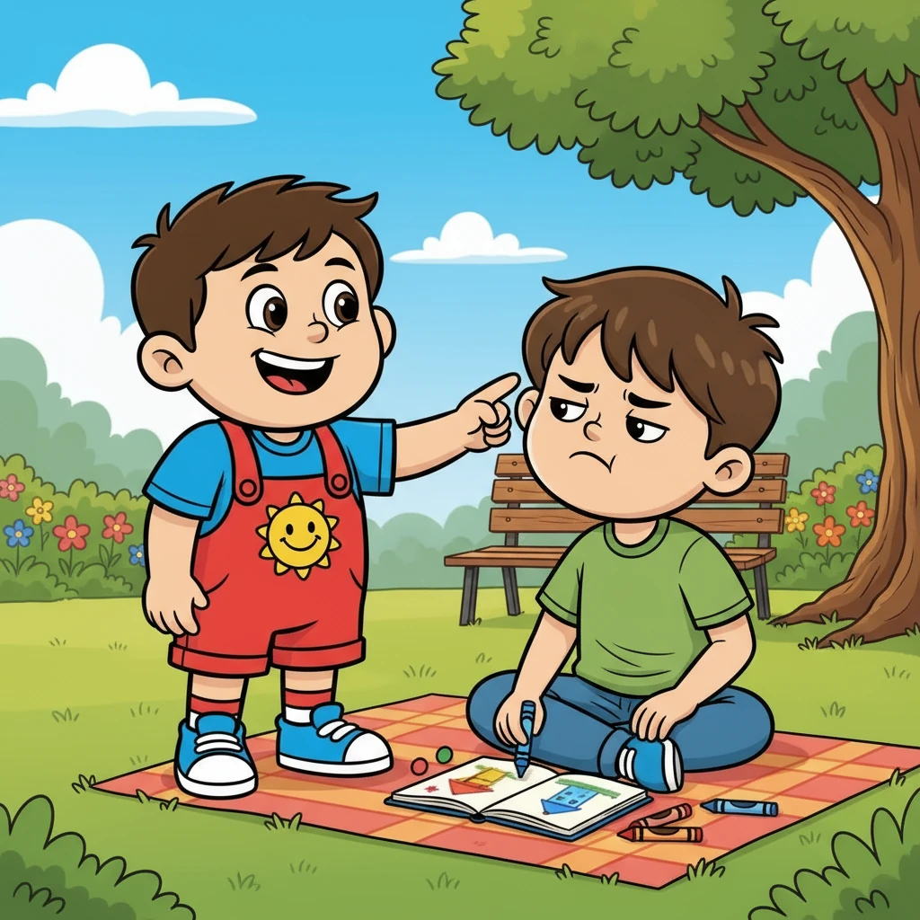 Next, Charles saw a boy drawing a picture. He tapped the boy's face playfully, thinking it would be a fun way to get his attention. The boy frowned and moved away.