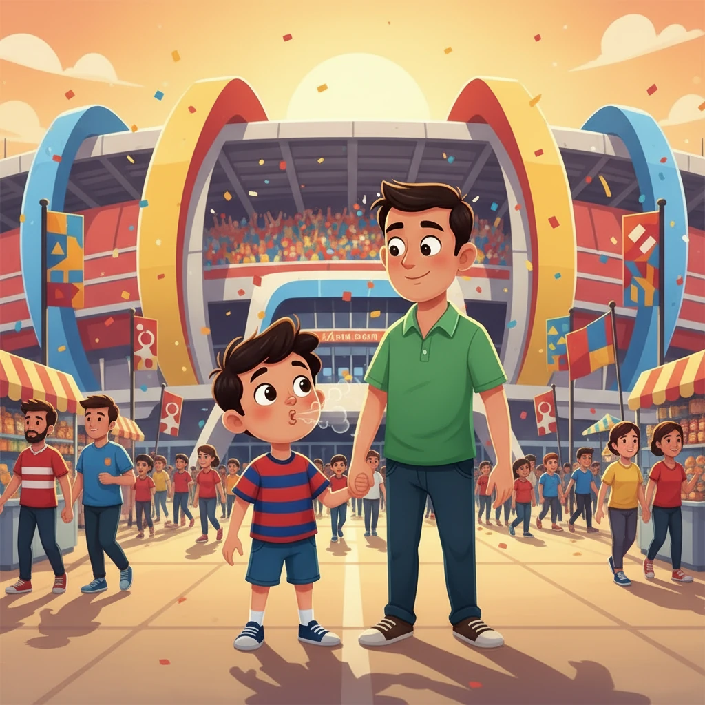 Mereka tiba di stadium, dan Azim kagum dengan pemandangan orang ramai yang berpusu-pusu masuk. Bendera berkibar, baju-T berwarna-warni, dan bau makanan yang lazat memenuhi udara. Azim menarik nafas dalam-dalam, bersedia untuk pengalaman baharu.